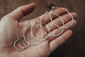 Handmade silver hoops in three different sizes