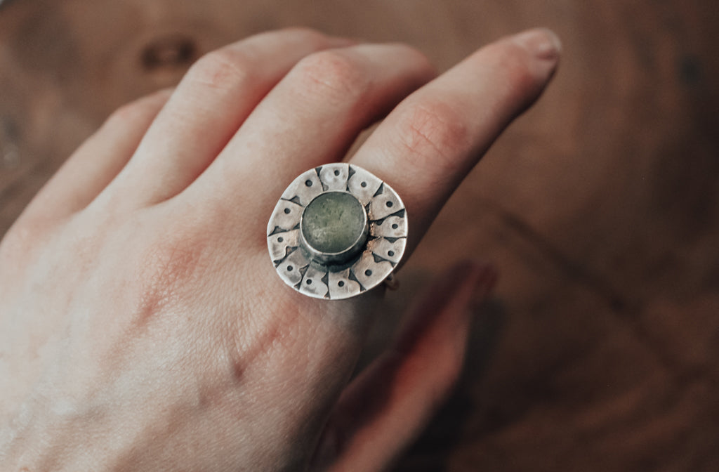 Hand stamped sea glass ring